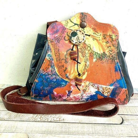 ART HANDCRAFTED MULTI COLOR GENUINE LEATHER PURSE SHOULDER BAG HANDBAG X-BODY - Picture 1 of 9